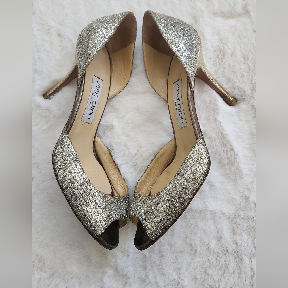 Jimmy Choo Glittering Silver Peep Toe Heels